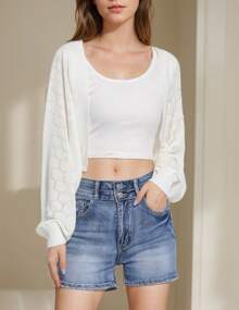 Women's Casual Crochet Hollowed Out Batwing Cardigan Sweater - White - View 4