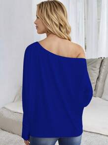 Blusa Casual De Hombro Descubierto Manga Larga Abullonada De Moda Para Mujer - Azul Rey - Ver 3