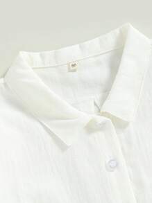 Tops de verano para niños pequeños y bebés, camisas de manga corta con cuello de solapa y botones de color liso - Beis - Ver 4