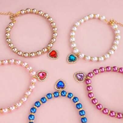 猫项圈项链，宠物珠宝珍珠项链，带铃铛的猫/狗项圈，珠光吊坠，心形水晶装饰