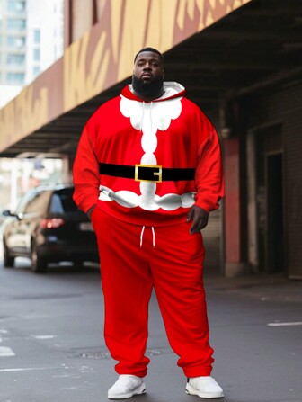 Men's 3D Digital Print Front Drawstring, All-Over Xmas Elements Hoodie And Drawstring Pocket Sweatpants Set