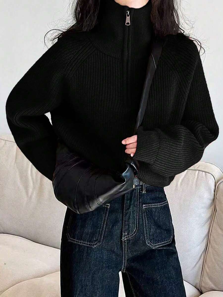 秋季针织拉链时尚休闲长袖毛衣 - 黑色 - 查看 1