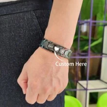 磁性手链定制姓名/字母可调节个性化信息提醒不锈钢首饰足球风格防水黑色