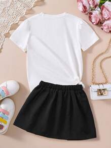 Young Girl Letter Print Short Sleeve T-Shirt And Solid Color Pleated Skirt Set
