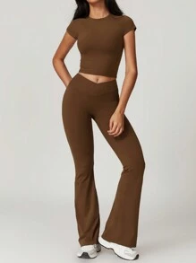 NcmRyu 2Piece Set Women's Solid Crop High Waist Biker Pants Tracksuit Set, Flare Bottoms Legging Streetwear Tracksuit, Sporty Breathable Comfy Outfits For Gym Workout Running, Ladies Sportswear, Minimalistic Outfit - 咖啡棕 - 查看 2