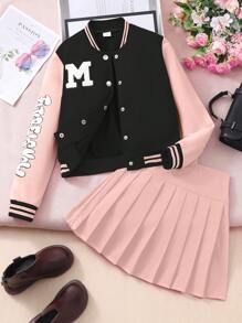 2 件套少女学院风图案印花夹克和裙子套装，秋冬