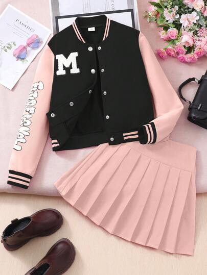 2 件套少女学院风图案印花夹克和裙子套装，秋冬