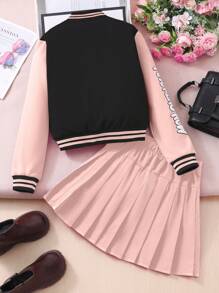 2 件套少女学院风图案印花夹克和裙子套装，秋冬