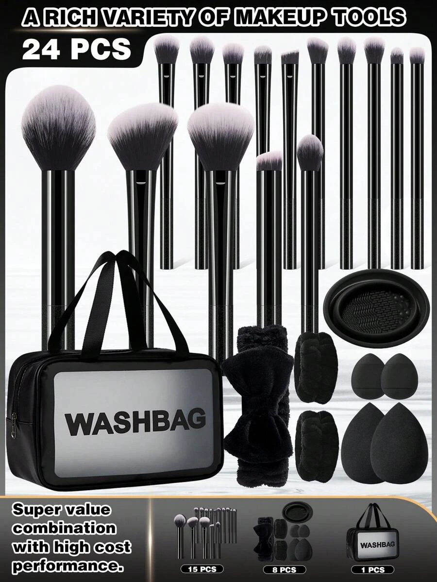 Bộ dụng cụ trang điểm 5/8/9/15/24 món bao gồm: 1 túi đựng đồ vệ sinh cá nhân có khóa kéo đa năng và túi đựng mỹ phẩm chống nước + Bộ 15 cọ trang điểm + 2 miếng mút trang điểm + 2 bông phấn mini dạng đệm khí + 1 dây buộc tóc + 2 dây đeo bát cầm tay + 1 dụng cụ vệ sinh cọ trang điểm, Bộ cọ, Bộ cọ trang điểm, Bộ cọ trang điểm, Bộ trang điểm hoàn chỉnh, Bộ cọ trang điểm, Bộ trang điểm hoàn chỉnh, Bộ cọ, Bộ cọ trang điểm, Bộ quà tặng trang điểm, Bộ - màu đen - Xem 1