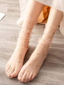 1 Pair Women Fashion Glitter And Stars Tulle Socks See Through Transparent Colorful Star Summer Ultra-Thin Loose Long Socks Mesh Lace Socks - Multicolor - View 4