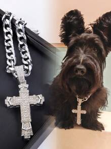 1st volledig met strass bezette kruishanger aan dikke goudkleurige legeringketting, glanzend en sprankelend, past bij huisdieren zoals katten, honden, Franse bulldog, golden retriever, labrador, punk/hiphop/straatmode accessoire ketting