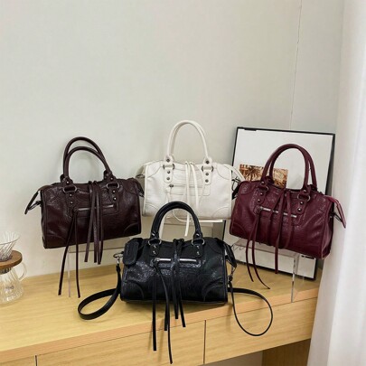 1 Pc Burgundy Splicing Rivets Inlaid Metal Zip Tassel Zip Decoration Retro PU Material Double Handles Adjustable Long Shoulder Strap Design Zip Closure Fashion Retro Sweet Cool Style Biker Bag Y2K Punk Style Square Bag Ladies Tote Bag Casual Quiet Luxury Style Ladies Slant Shoulder Bag Suitable For Daily Commuting Work Shopping Shopping And Other Use, Fashionable Burgundy Bag