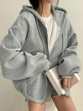 Rikumo Casual Loose Drawstring Hooded Sweatshirt With Thermal Lining, Autumn Winter, Long Sleeve Tops