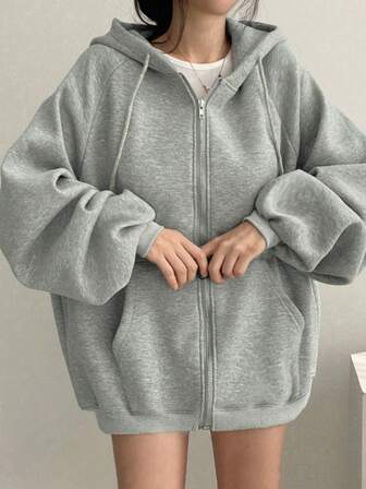 Dam enfärgad raglanärmad långärmad casual lös dragsko fleecehuvtröja, höst/vinter