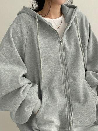 Women's Solid Color Raglan Sleeve Long Sleeve Casual Loose Drawstring Fleece Hoodie, Autumn/Winter