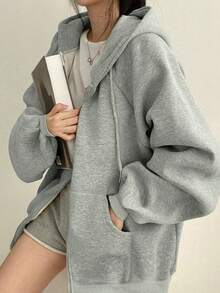 女式纯色插肩袖长袖休闲宽松抽绳羊毛连帽衫，秋冬 - 淺灰色 - 查看 5