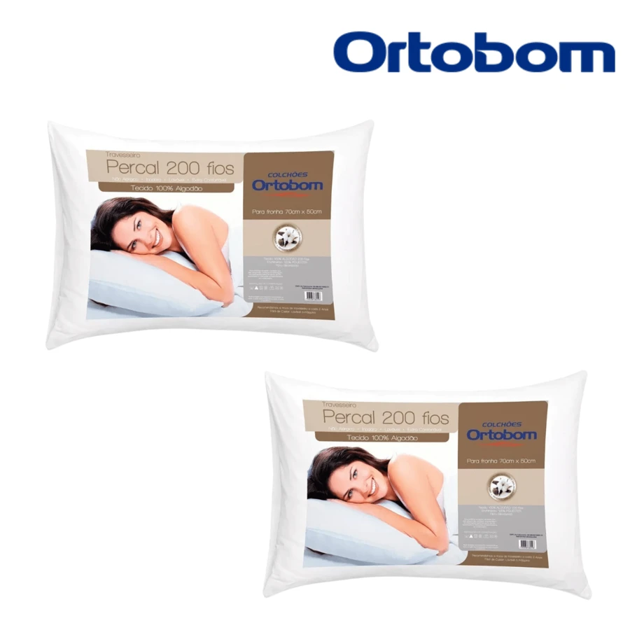 Kit Of 2 Ortobom Percal Pillows 200 Threads 100% Cotton Antiallergic 70cm X 50cm - White - View 1
