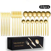 Gold/Black, Stainless Steel Knife, Fork And Spoon 24-Piece Cutlery Set, Including Fork Spoon Knife And Coffee Spoon, Dinner Fork*6, Dinner Knife*6, Dinner Spoon*6, Teaspoon*6, Reusable Cutlery Set, Kitchen Cutlery Set For Restaurants, Hotels, Going Out Parties, Holiday Casual Or Formal Occasions