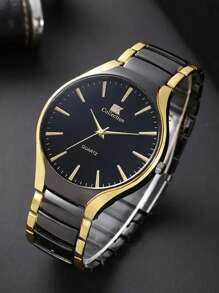 2 件时尚商务绅士情侣手表，百搭圆形表盘钢带石英配对手表，情侣礼品套装