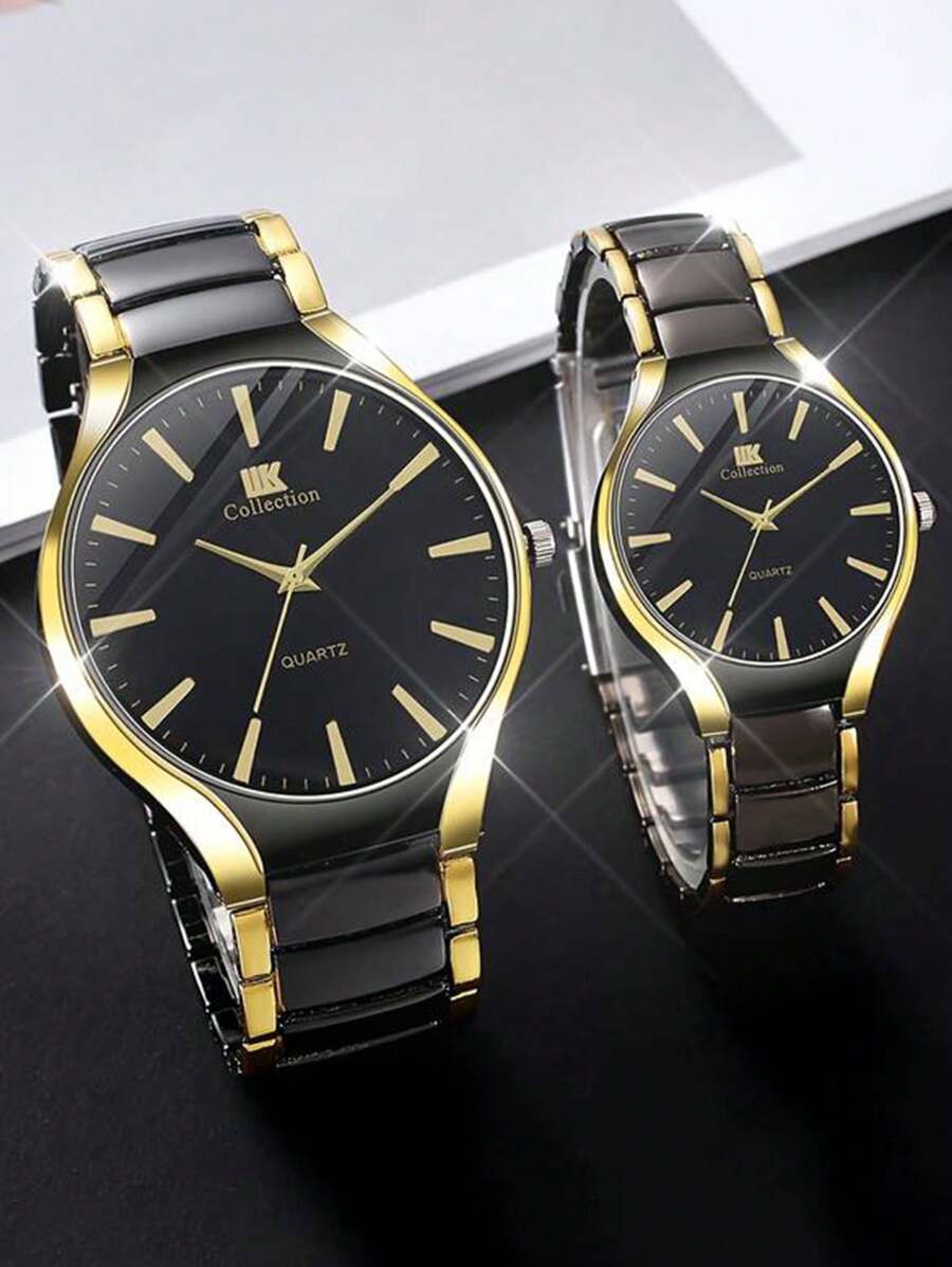 2 件时尚商务绅士情侣手表，百搭圆形表盘钢带石英配对手表，情侣礼品套装