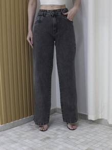￼Women's Wide Leg Jeans, High Waist, Graphite Fabric - 深灰色 - 查看 2
