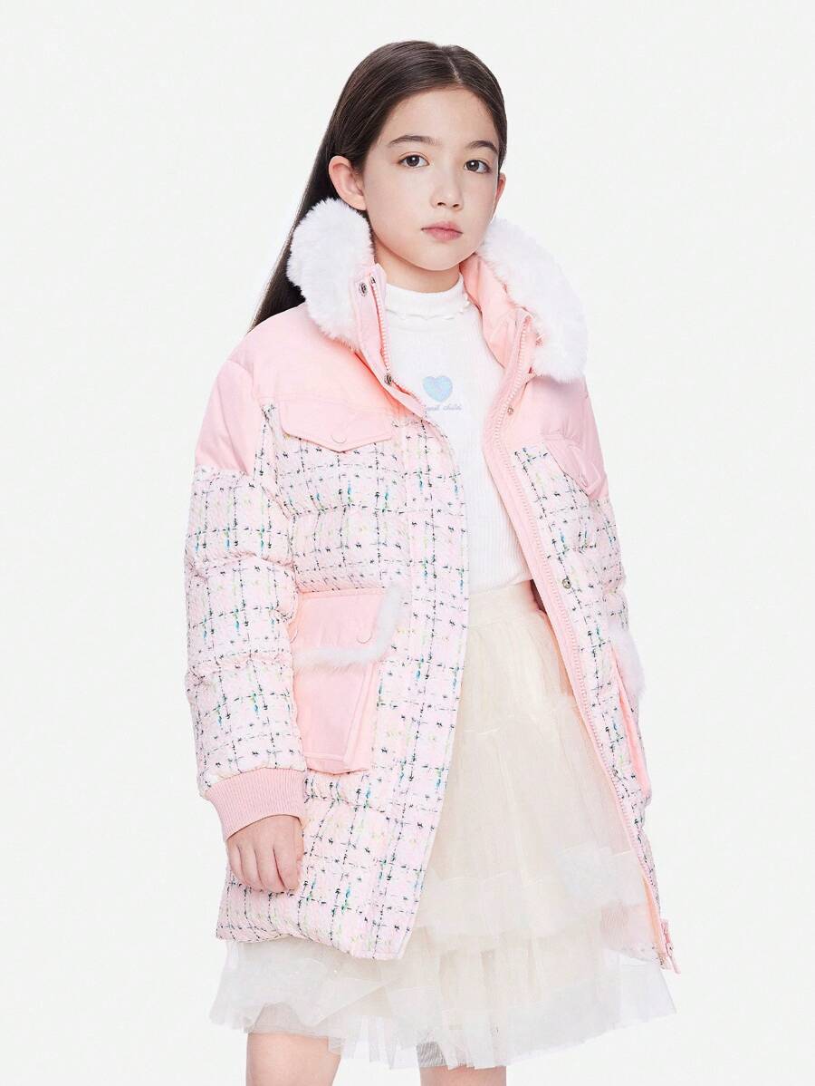 Annil 青少年女孩服装。宽松、毛绒、中长款羽绒服，亲肤、舒适、柔软。适合冬季女孩。耐磨、可拆卸毛绒领长袖加垫夹克外套。 - 粉色 - 查看 1