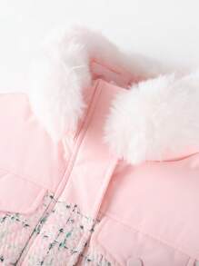 Annil 青少年女孩服装。宽松、毛绒、中长款羽绒服，亲肤、舒适、柔软。适合冬季女孩。耐磨、可拆卸毛绒领长袖加垫夹克外套。 - 粉色 - 查看 4