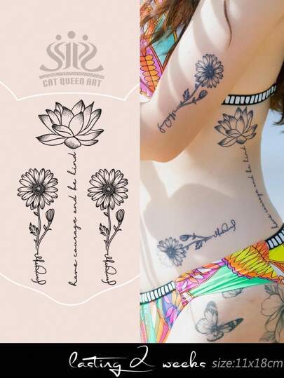 1pc Herbal Juice Semi-Permanent Daisy & Lotus Floral Pattern Temporary Tattoo, 7-14 Days Waterproof, Unisex For Holiday Party, Daily Wear, Gift, Arm, Leg, Chest, Back Body Art