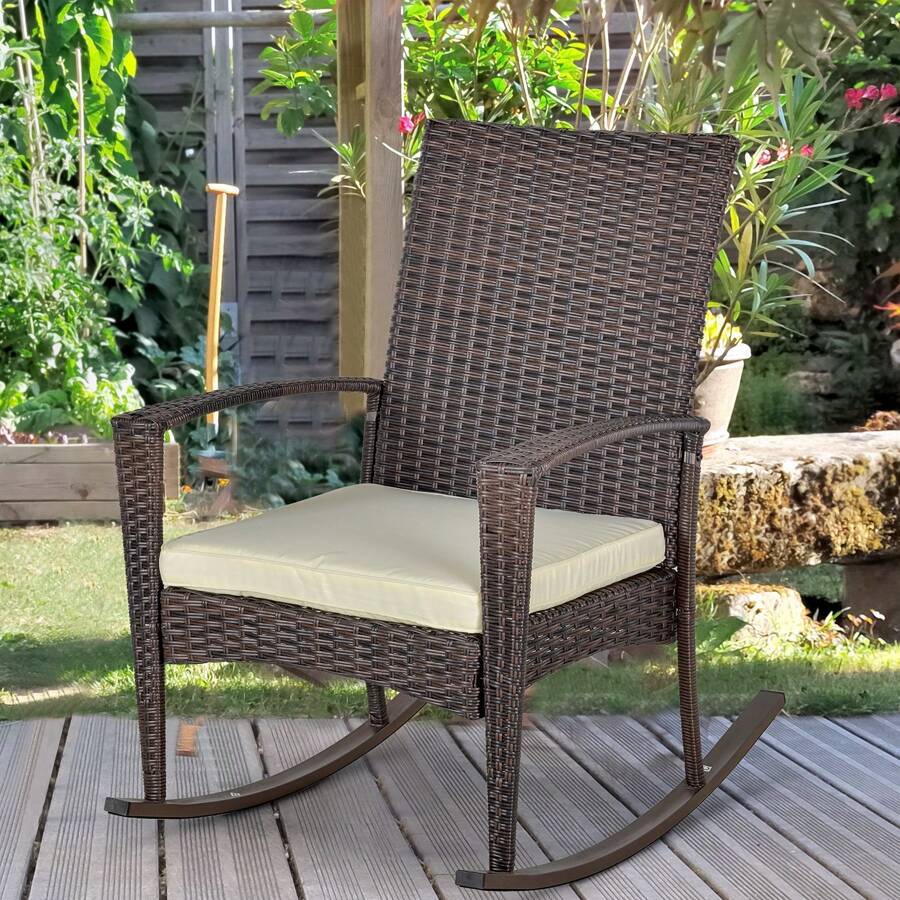 Outsunny Outdoor PE Rattan Rocking Chair, Garden Rocking Chair Set With Armrest And Cushion - Brown - View 1