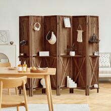 6 Panel Room Divider With Shelves, 5.6Ft Pegboard Display With 24 Hooks, Soild Wood Room Divider, Freestanding Display Board Wall Organizer For Craft Show, Jewelry, Retail, Cloth - 咖啡棕 - 查看 3