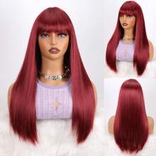 Wine Red 24 Inch / 61cm Long Straight Synthetic Wigs With Bangs For Women Girls Daily Party Cosplay Use Music Festival Wigs For Christmas Day - Multicolor - View 5