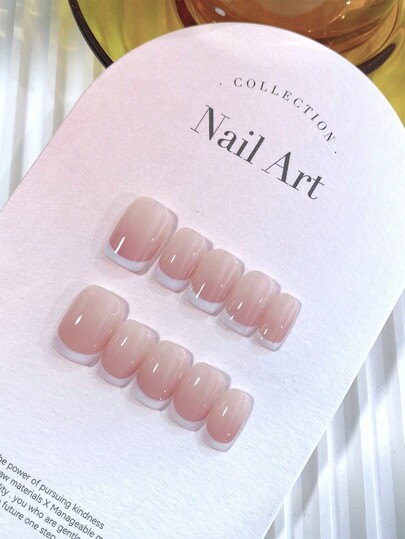 JNHK Juego de 10 piezas de arte de uñas hecho a mano, arte de uñas para usar, parches de arte de uñas estilo francés rosa de corta duración, uñas postizas de arte de uñas de aplicación rápida, suministros para uñas