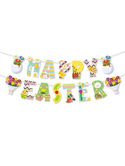 Nuevo estilo de decoración para fiesta de Pascua con tema primaveral: bandera con huevos con margaritas, gallinas y texto "Feliz Pascua"