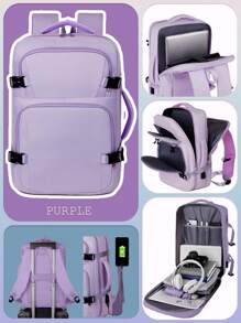 1 件时尚多功能双手柄旅行背包，配有行李带设计。便携式简约工作包，带多个隔层。个性书包，带 USB 充电端口。 - 紫色 - 查看 2