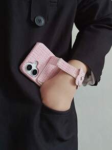 手机壳钱包编织心形图案卡夹腕带支架保护壳适用于 iPhone 11 12 13 14 15 16 系列 - 粉色 - 查看 4