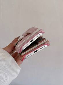 手机壳钱包编织心形图案卡夹腕带支架保护壳适用于 iPhone 11 12 13 14 15 16 系列 - 粉色 - 查看 9