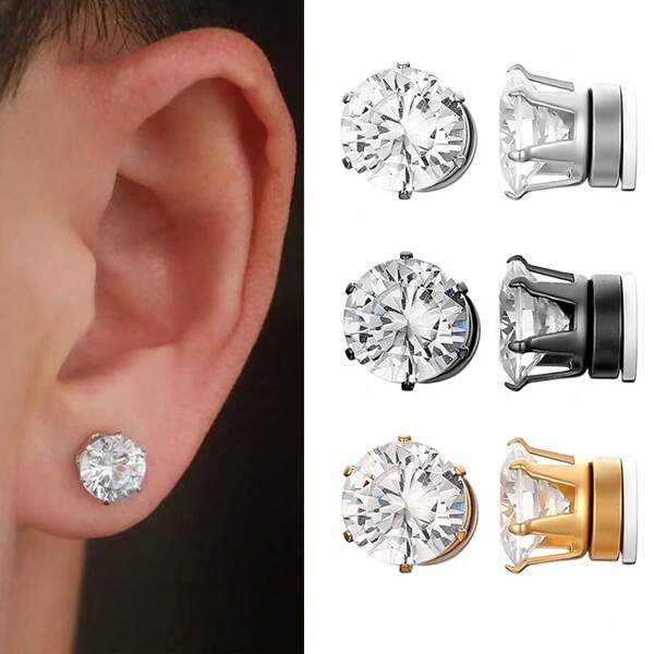3 pares de brincos magnéticos para homens, aço inoxidável, sem piercing, clipe em brincos, brincos de pino pretos, conjunto de brincos de calibre falso