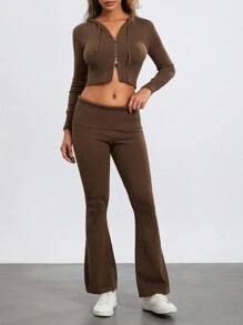 Womens Two Piece Outfits Set Long Sleeve Zip Up Cropped Hoodie And Bootcut Pants Set Loungewear - Brown - View 4