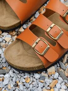 户外百搭休闲一脚蹬可调节带扣露趾圆头透气轻便防滑平底凉鞋，适合女士，四季皆宜 - 橘色 - 查看 6