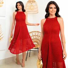 Lace Knit Midi Dress Crochet Mesh Dress Elegant Knit Beach Cover-Up Christmas New Year's Eve White Red - 法拉利紅 - 查看 2