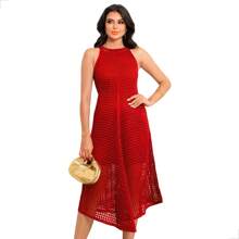 Lace Knit Midi Dress Crochet Mesh Dress Elegant Knit Beach Cover-Up Christmas New Year's Eve White Red - 法拉利紅 - 查看 1