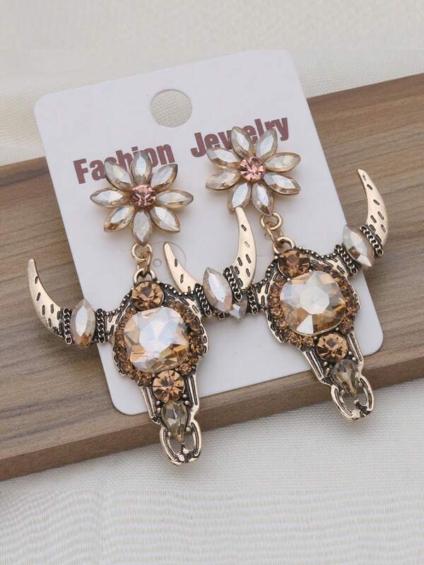 1 par de pendientes de calavera de vaca para mujeres - Pendientes colgantes góticos occidentales vintage bohemios con detalles de cuerno de vidrio, joyería de declaración de moda para uso diario, vacaciones, festival (multicolor)