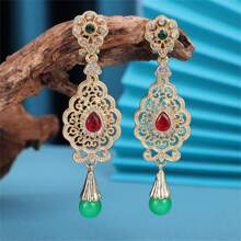 1 Pair Gold Tone Flower Shaped Earrings With Plastic Rhinestones, Elegant Vintage Boho Moroccan Style For Weddings, Parties, Holidays