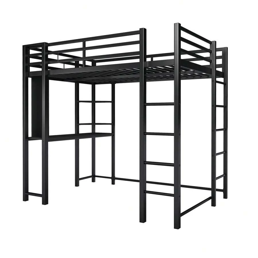 JAMFLY Metal Twin Loft Bed With Desk And Storage Shelf, Heavy Duty Loft Bed Frame With Build-In Ladder & Safety Guardrail, Space-Saving Twin Size Loft Bed For Teenager And Adult, Black - Black - View 1
