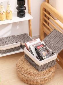 1 Pezzo Scatola da tavolo per il Contenimento, Scatola portaoggetti intrecciata in rattan di carta, Cesto di Stoccaggio con Coperchio, Cesto per riporre Vari Oggetti, Snack, Prodotti Cosmetici, Cucina, Giocattoli, Cesto Portaoggetti per Cosmetici, Cesto