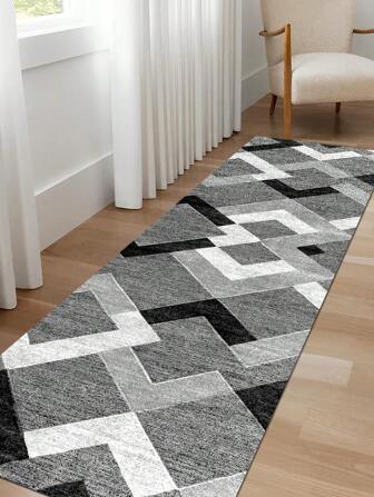 1pc Geometric Texture Pattern Rug, Black White Grey Polyester Fiber Rectangular Easy Care Washable Home Area Carpet, Suitable For Living Room, Hallway, Bedside, Living Space, Bedroom, Office, Kitchen, Corridor, Passageway