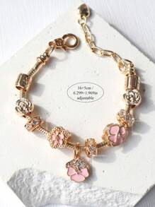 1pc Y2K Pink Cherry Blossom Charm Bracelet, Cute Floral Bracelet, New Year 2025 Party Gift, Friends Memorial Gift - Gold - View 10