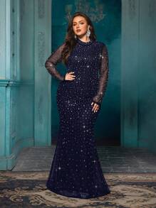 QOQ Temperament Plus Size Women Hot Drill Formal Dress Luxury Rhinestone Evening Gown For Dinner Party, Cocktail Party, Galas Solid Color Dresses - Navy Blue - View 7