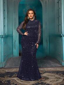 QOQ Temperament Plus Size Women Hot Drill Formal Dress Luxury Rhinestone Evening Gown For Dinner Party, Cocktail Party, Galas Solid Color Dresses - Navy Blue - View 3