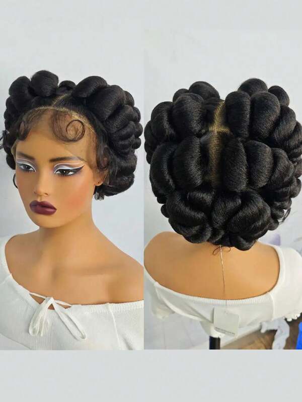 A ANYTIME Transparent Full Lace Box Braided Wigs Short Cute Handmade Bantu Synthetic Full Lace Front Wig With Baby Hair Knotless Braiding Hair Wigs For Women